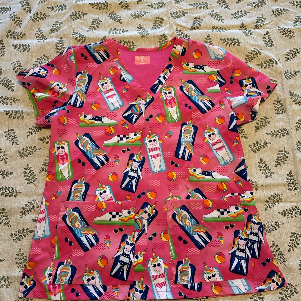 Colorful Summer Cartoon Print Scrub Top